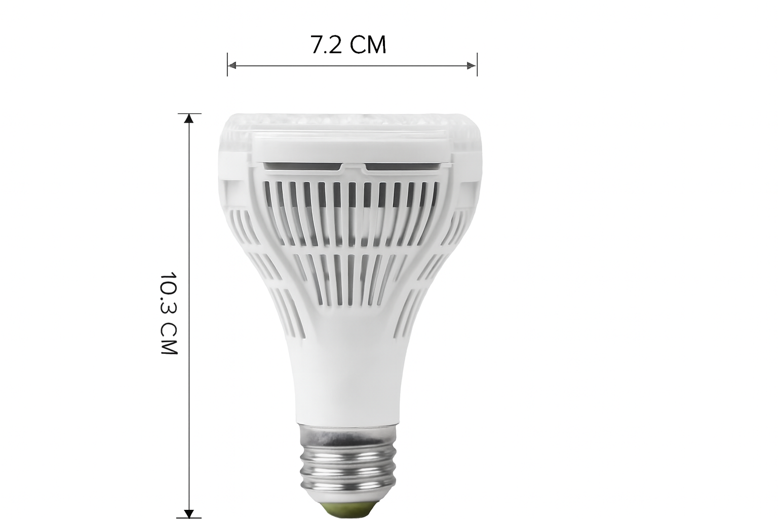 LED light bulb with dimensions labeled on a white background