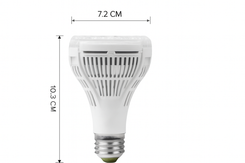LED light bulb with dimensions labeled on a white background