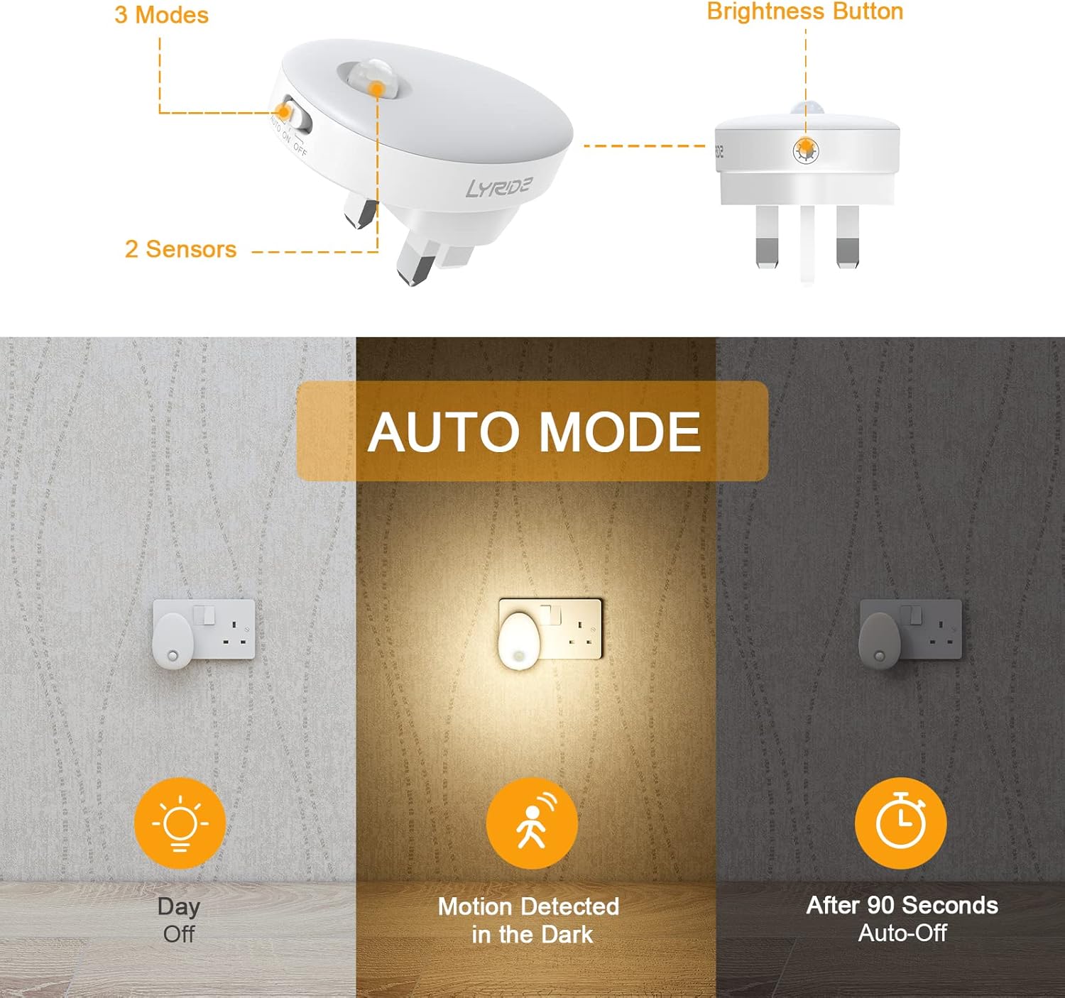 LED light bulb with features and auto mode explanation on a white background