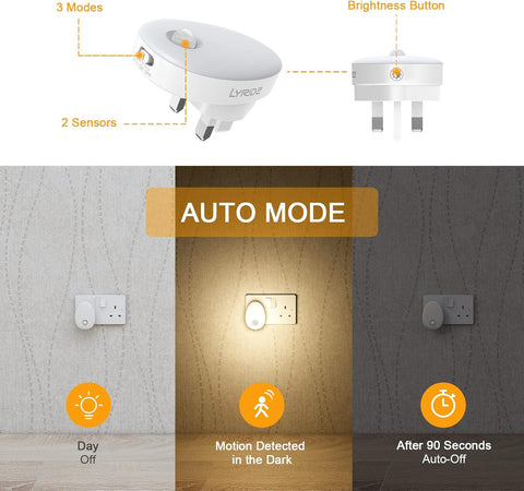 LED light bulb with features and auto mode explanation on a white background