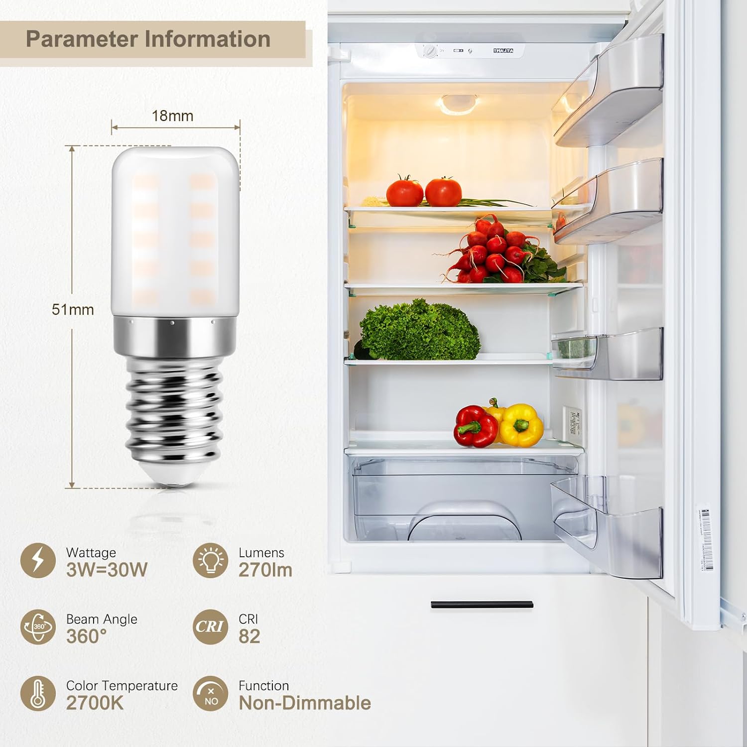 LED light bulb with refrigerator interior showing vegetables, dimensions, and technical specifications.