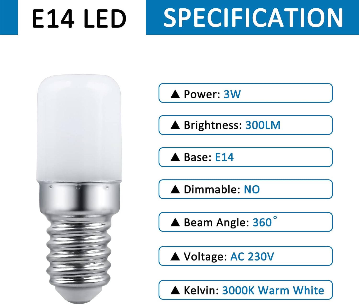 LED light bulb with specifications listed on a white background