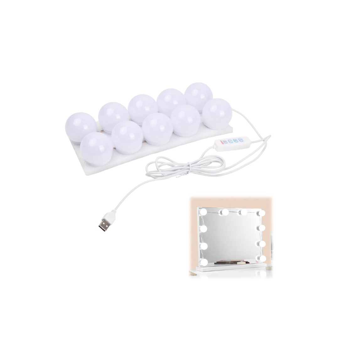 LED light bulbs on a white tray with a USB cable and wooden base on a white background