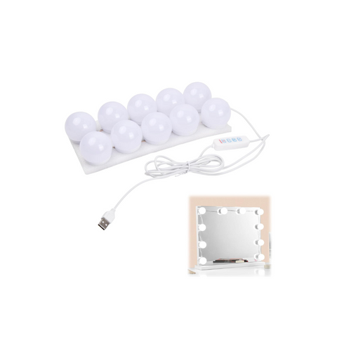 LED light bulbs on a white tray with a USB cable and wooden base on a white background