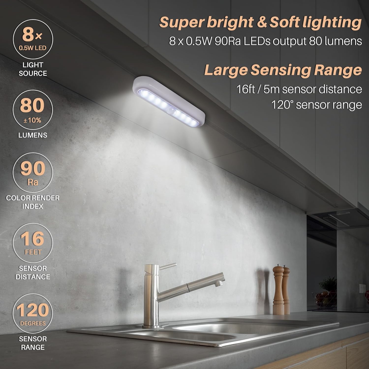 LED light fixture in a kitchen with specifications displayed