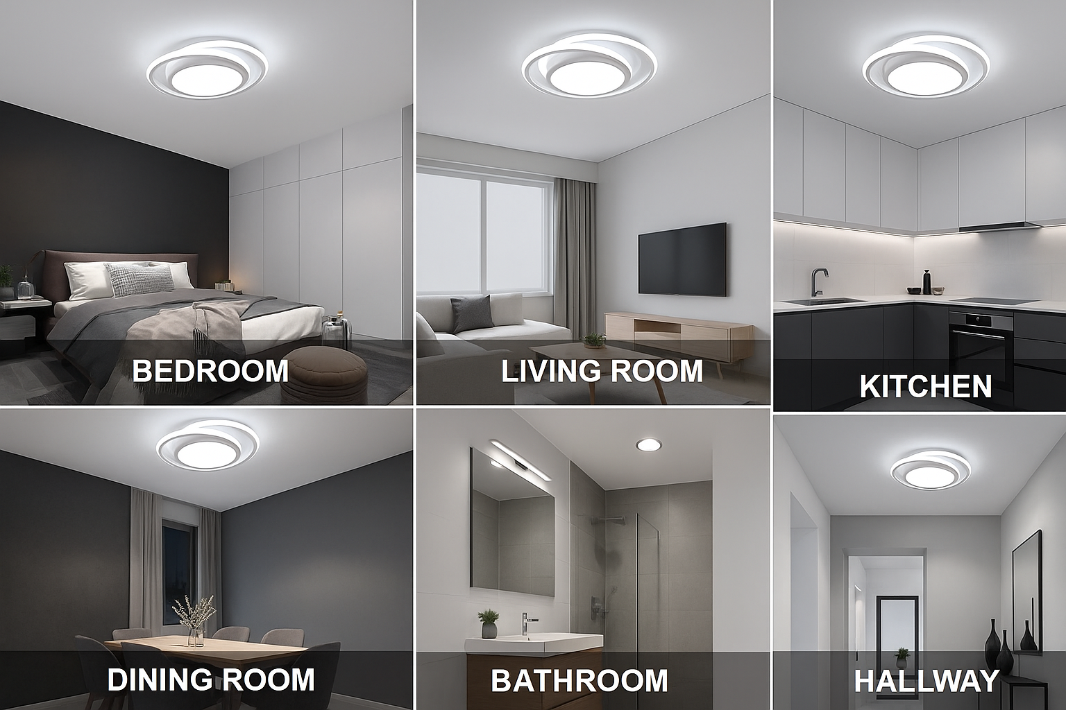 LED light fixture in various indoor settings including bedroom, living room, kitchen, dining room, bathroom, and hallway.