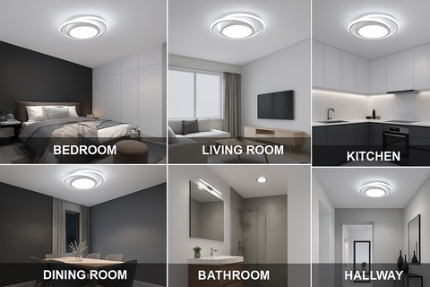 LED light fixture in various indoor settings including bedroom, living room, kitchen, dining room, bathroom, and hallway.