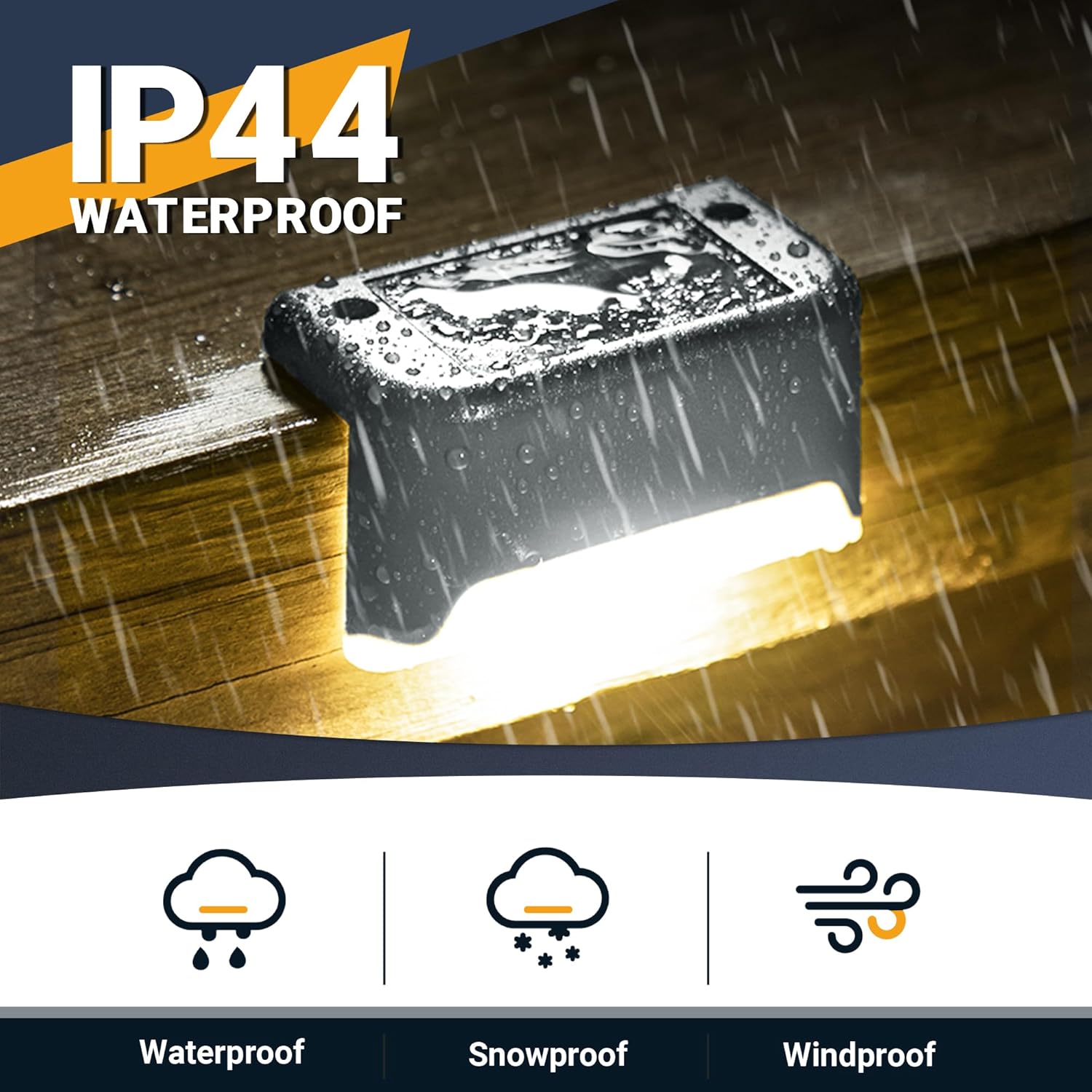 LED light fixture on a wooden surface with raindrops, labeled IP44 waterproof.
