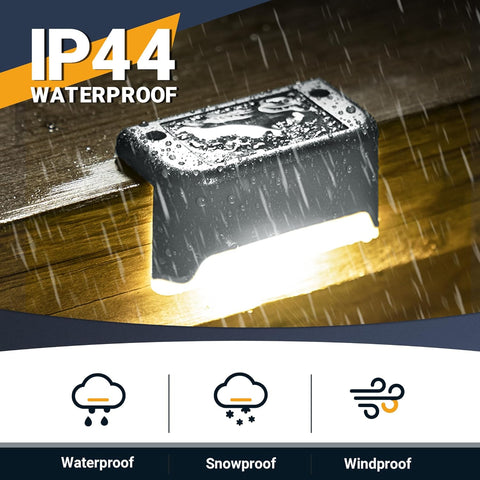LED light fixture on a wooden surface with raindrops, labeled IP44 waterproof.