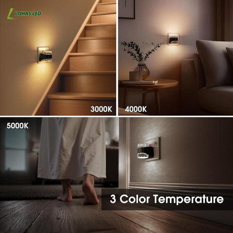 LED light fixture showing different color temperatures in various settings.