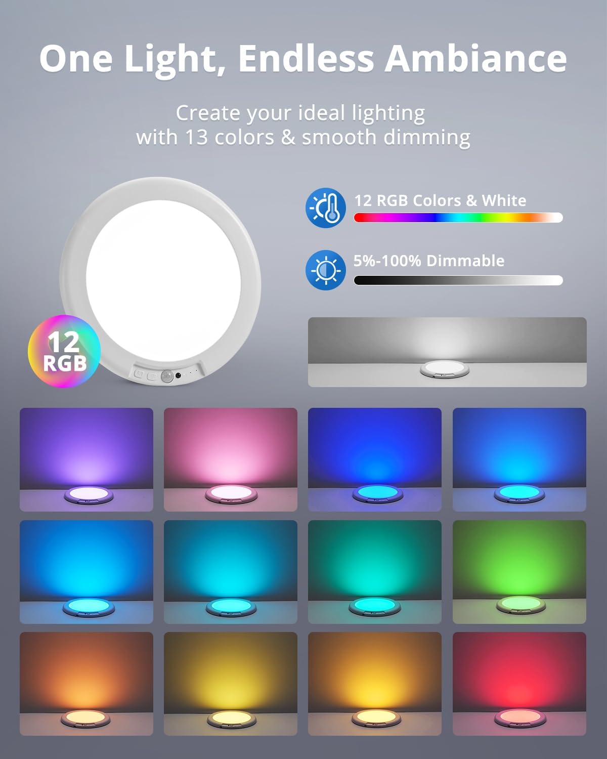 LED light fixture with RGB color options and dimming controls on a gray background