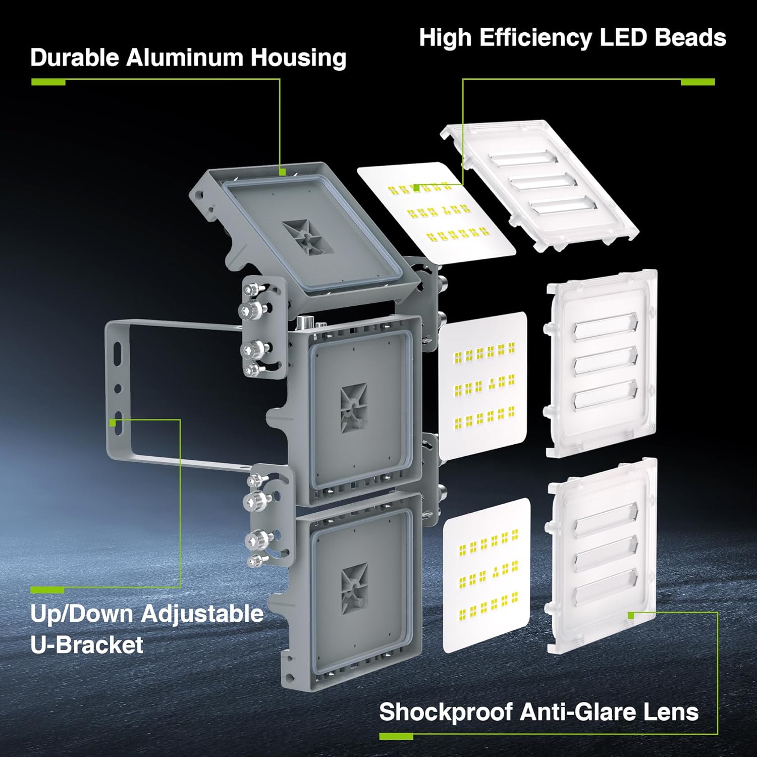 LED light fixture with adjustable angle features on a dark background