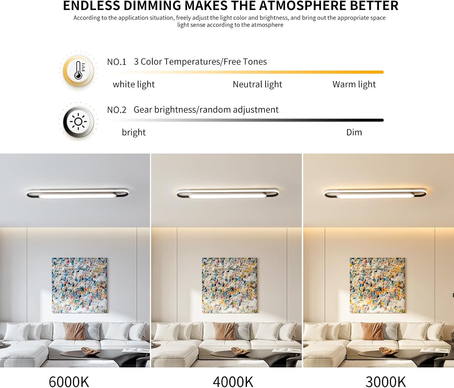 LED light fixture with color temperature and brightness adjustment options in a living room setting.