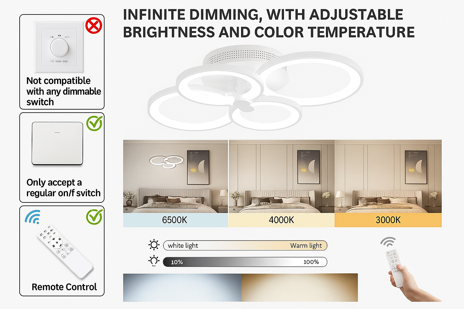 LED light fixture with dimming controls and color temperature options in a home setting.