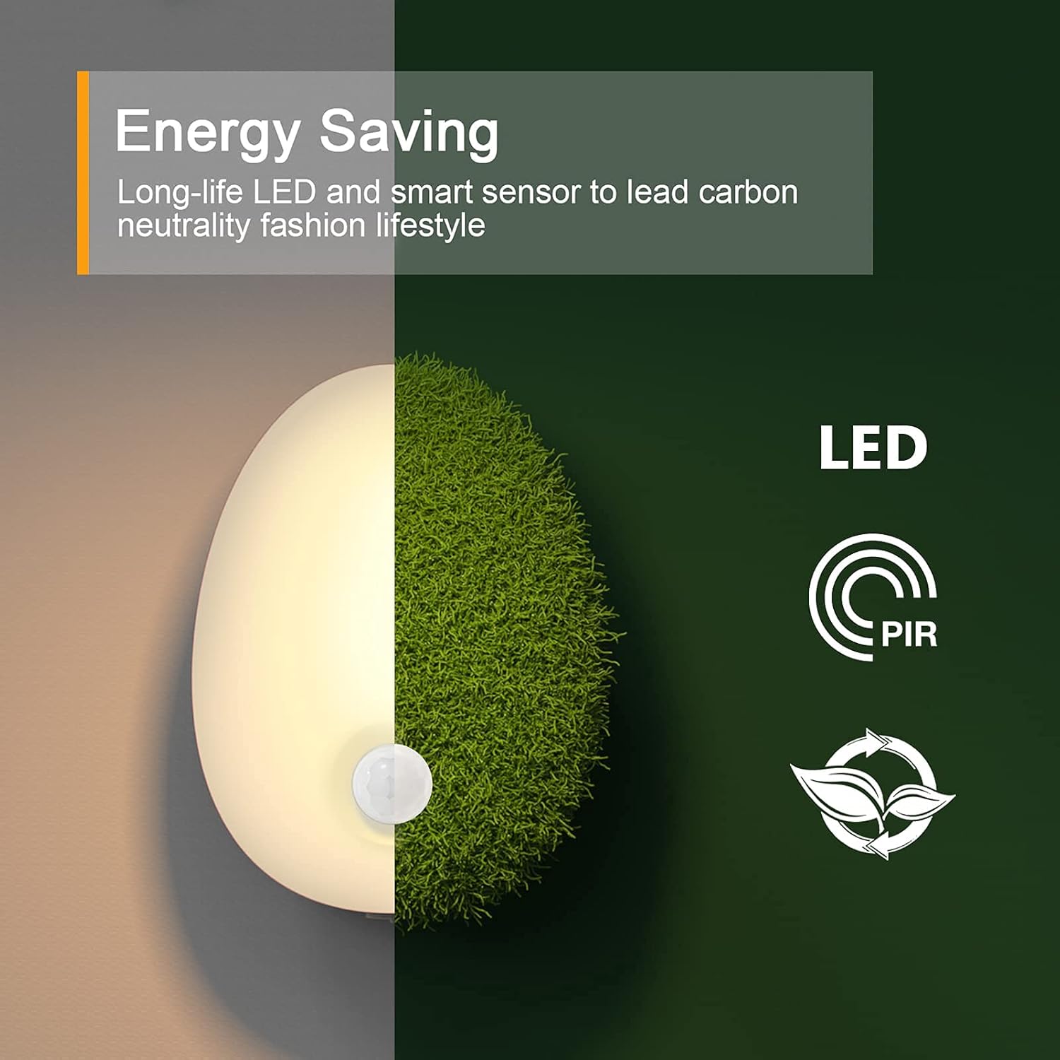LED light fixture with grass-like design on a dark background, featuring energy saving text and symbols.