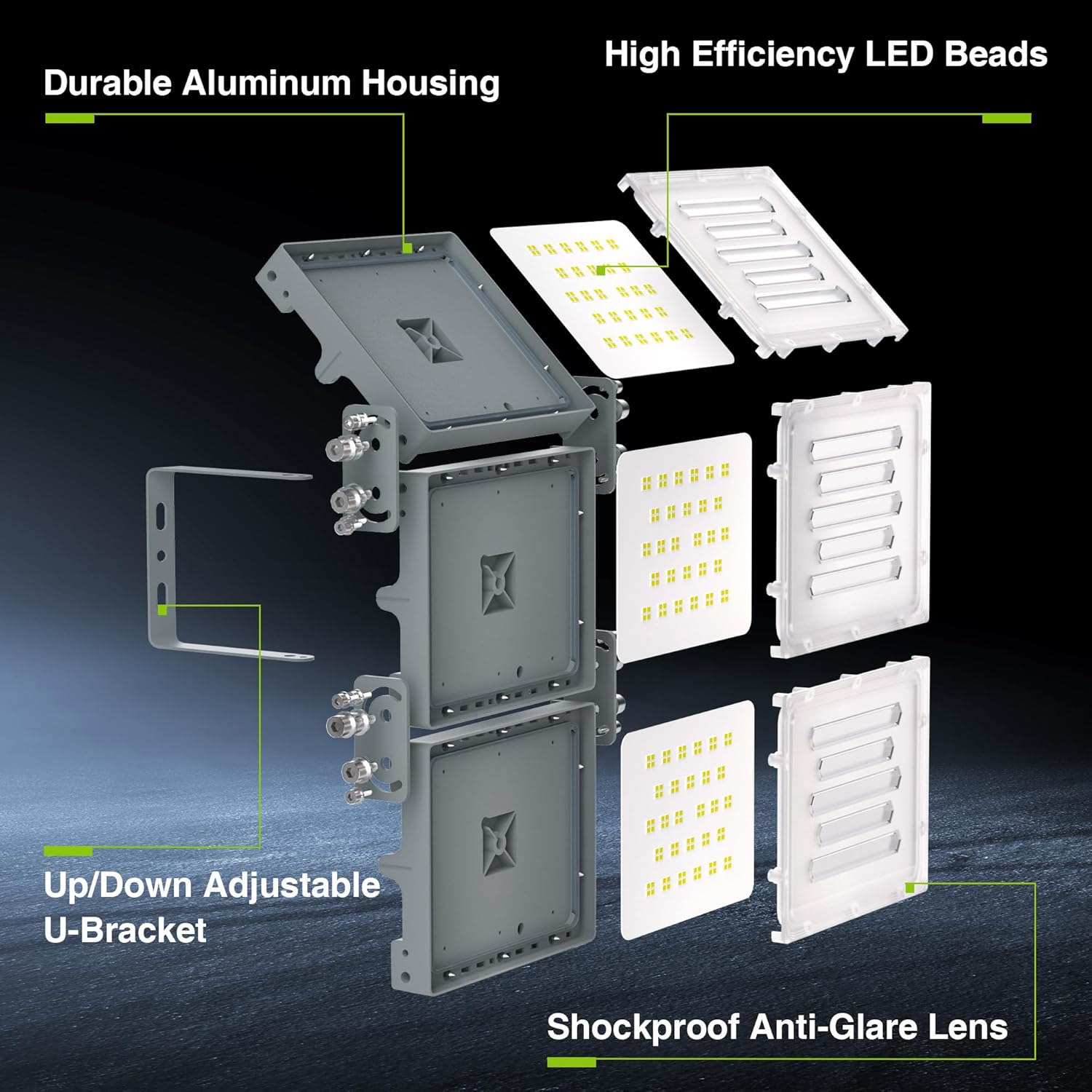 LED light fixture with labeled components on a dark background