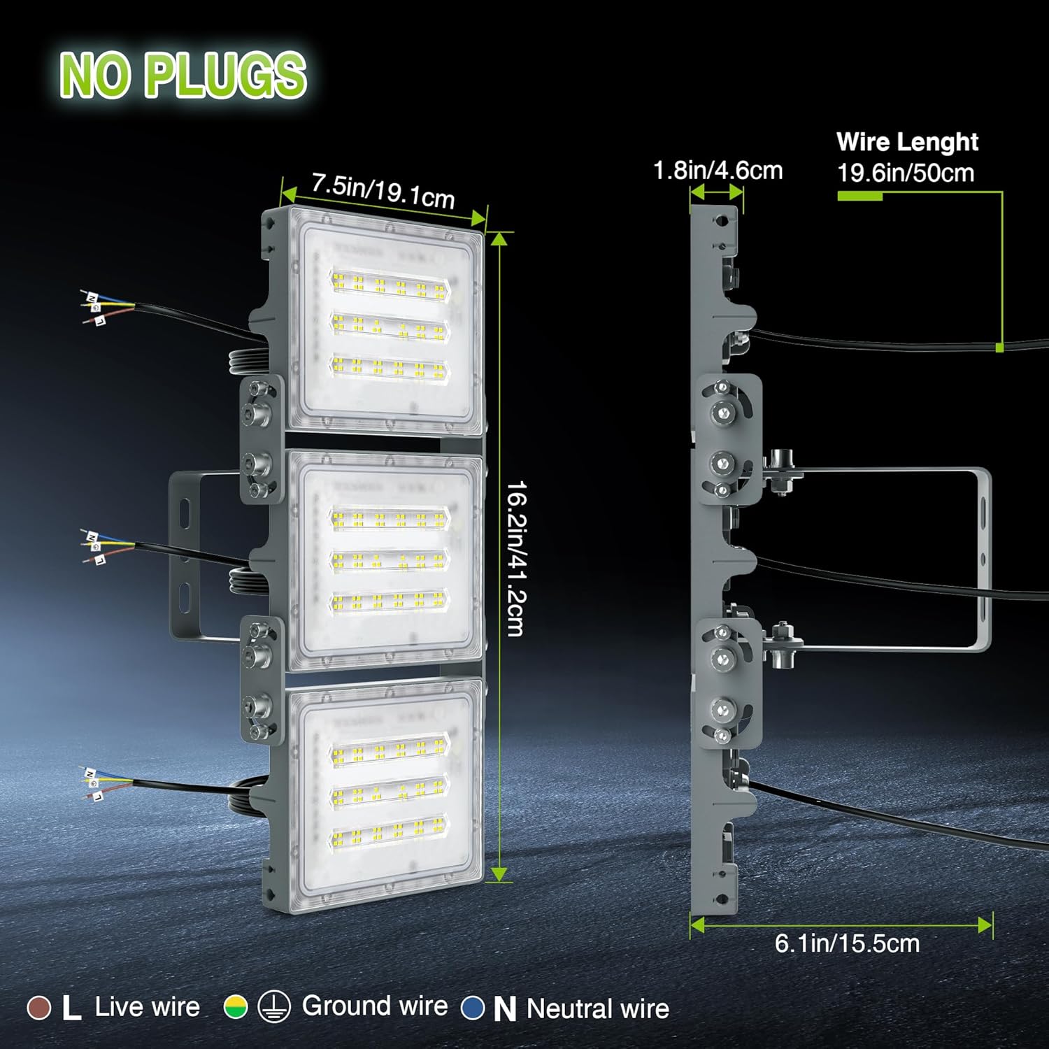 LED light fixture with measurements and wire color coding on a dark background