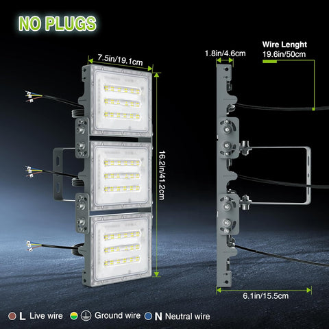 LED light fixture with measurements and wire color coding on a dark background