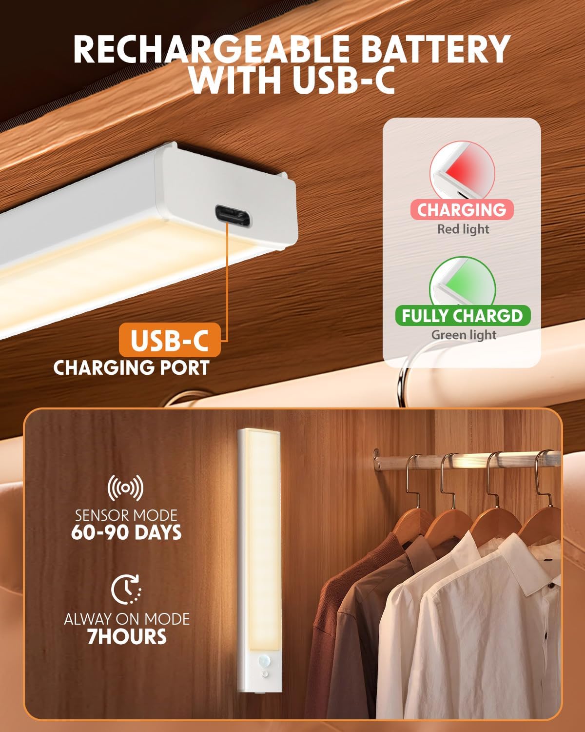 LED light fixture with rechargeable battery and USB-C charging port, shown in a closet setting.