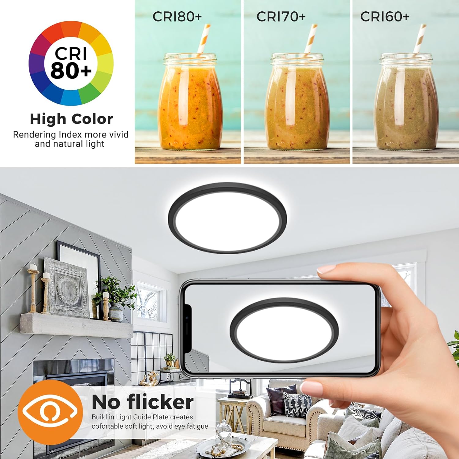 LED light fixture with smartphone showing light pattern, surrounded by images of drinks and a living room.