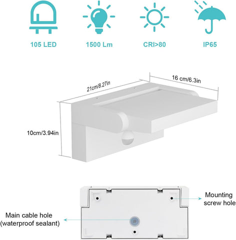 LED light fixture with specifications and dimensions on a white background