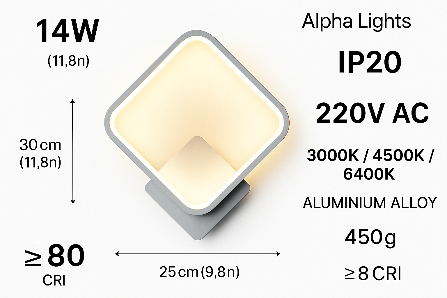 LED light fixture with specifications on a white background
