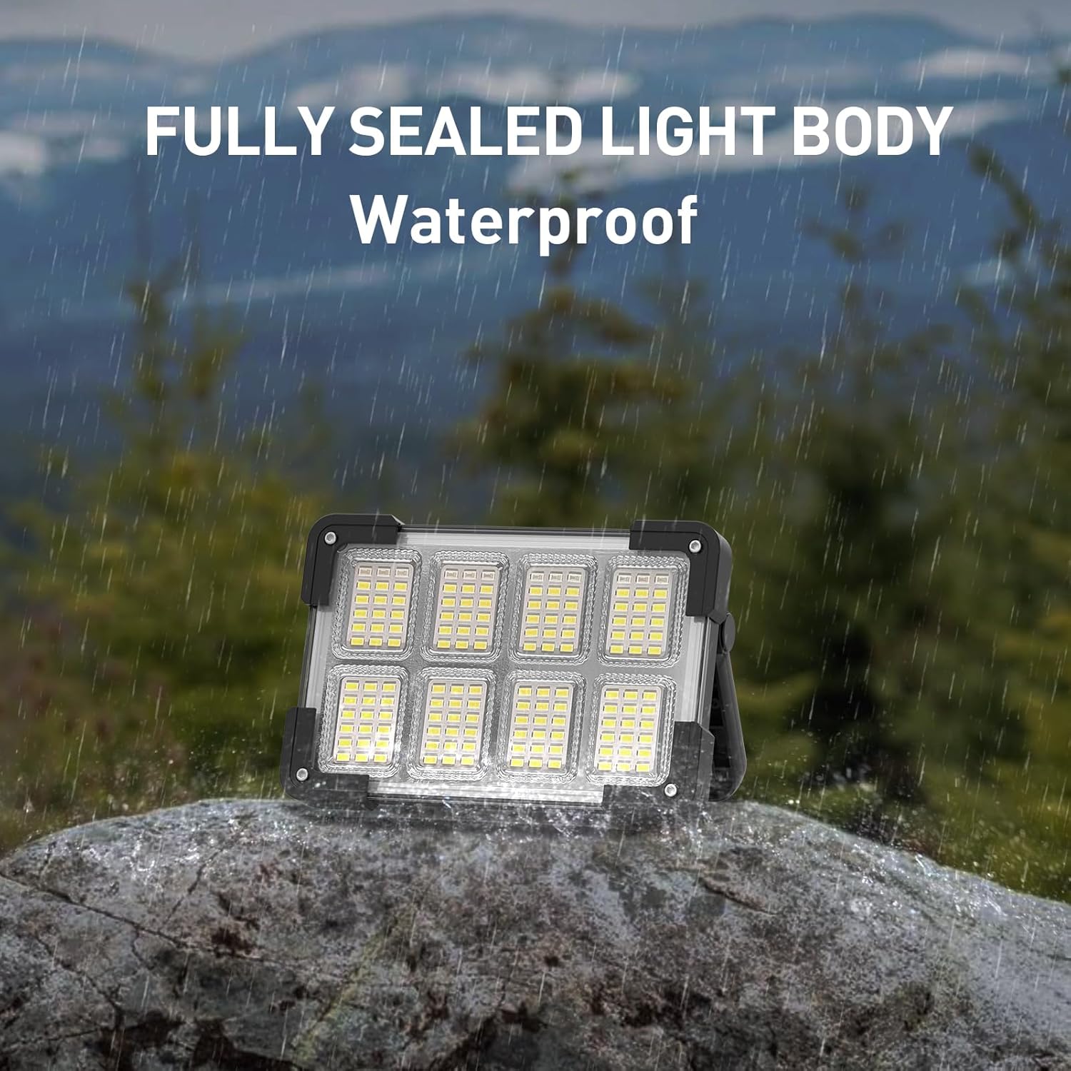 LED light panel on a rock with raindrops and 'FULLY SEALED LIGHT BODY Waterproof' text.