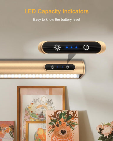 LED light strip with capacity indicators on a wall above framed pictures.