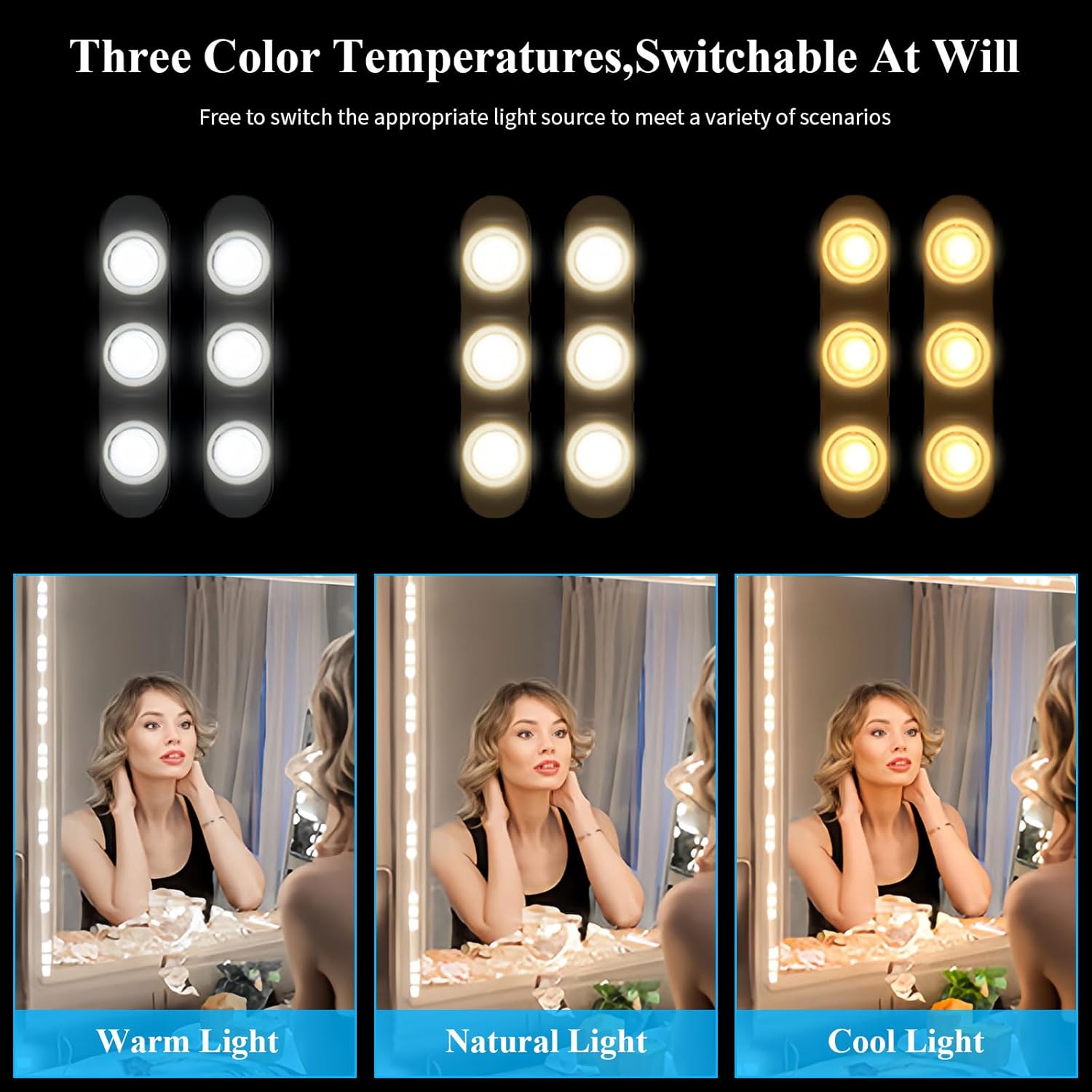 LED light strip with three color temperature options displayed on a black background.