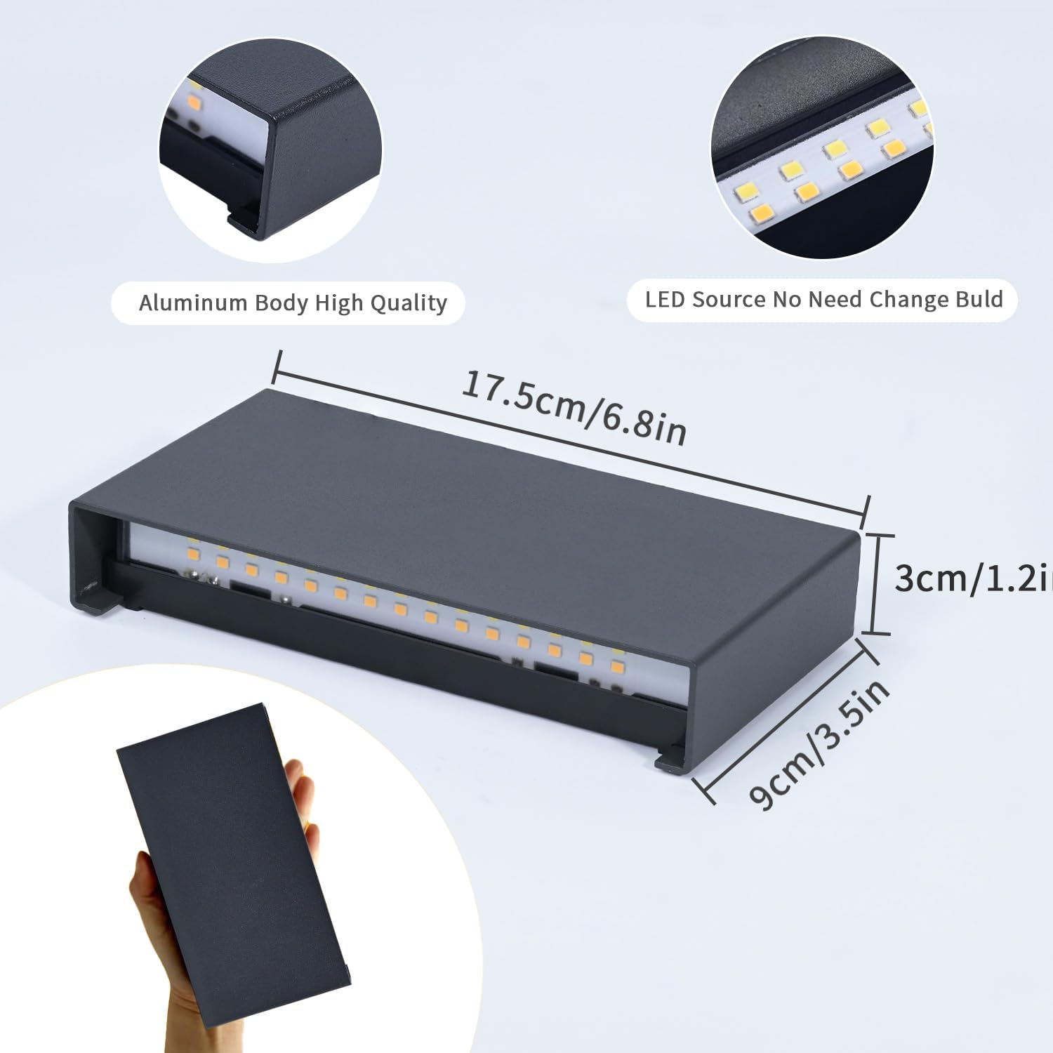 LED light strip with dimensions and quality features on a light blue background