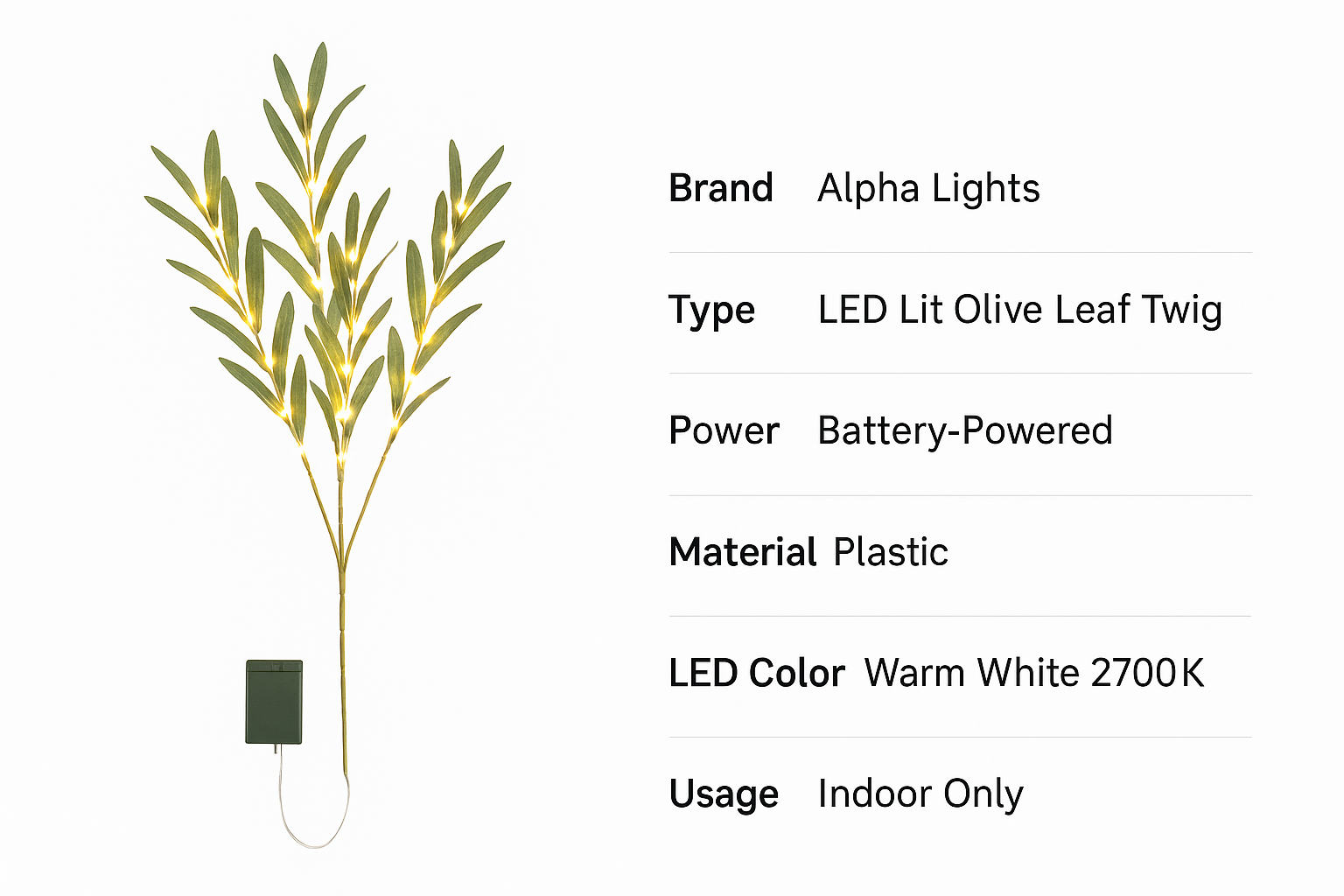 LED lit olive leaf twig with product details on a white background