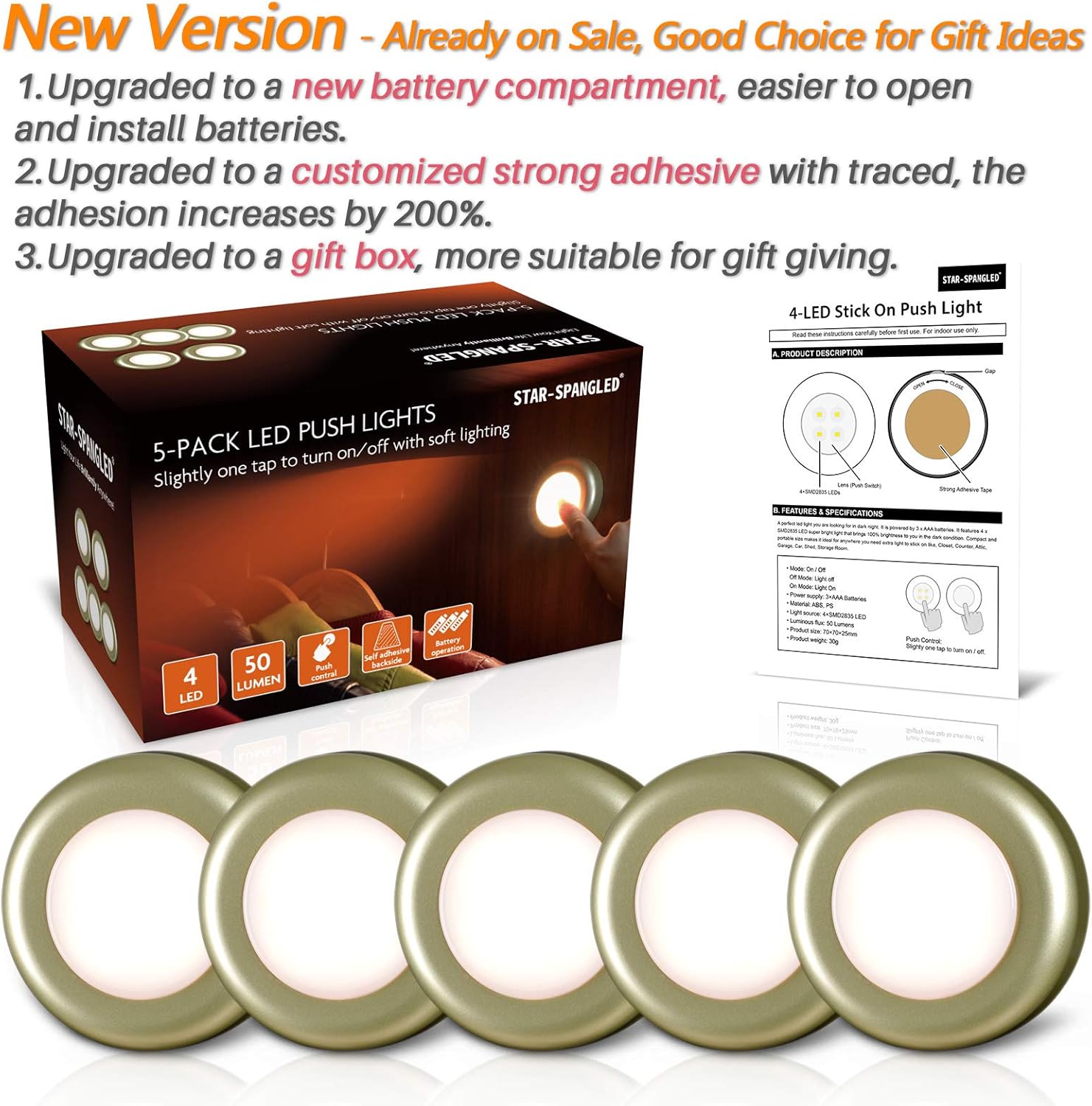 Push Light Box Tap Light Push Lights – Stick On LED Touch Puck Lights – 2.8 Inch Gold