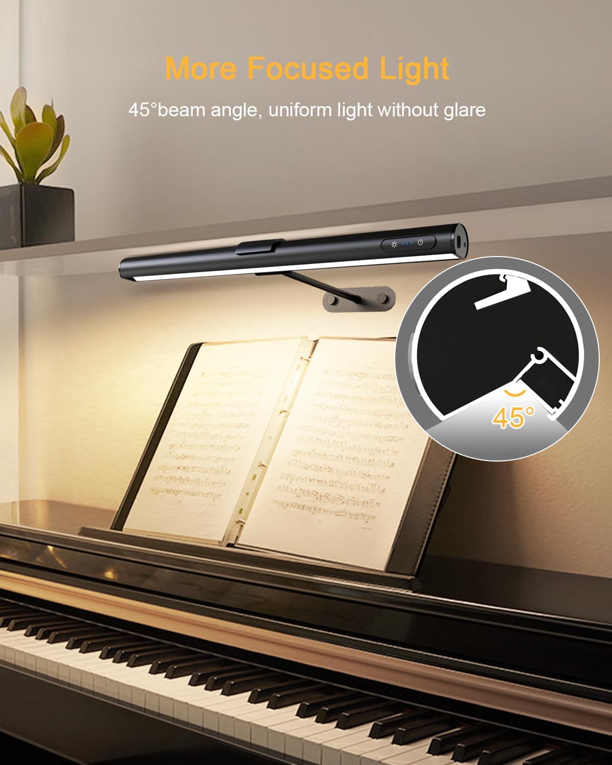 LED reading light on a piano with a 45-degree beam angle feature.