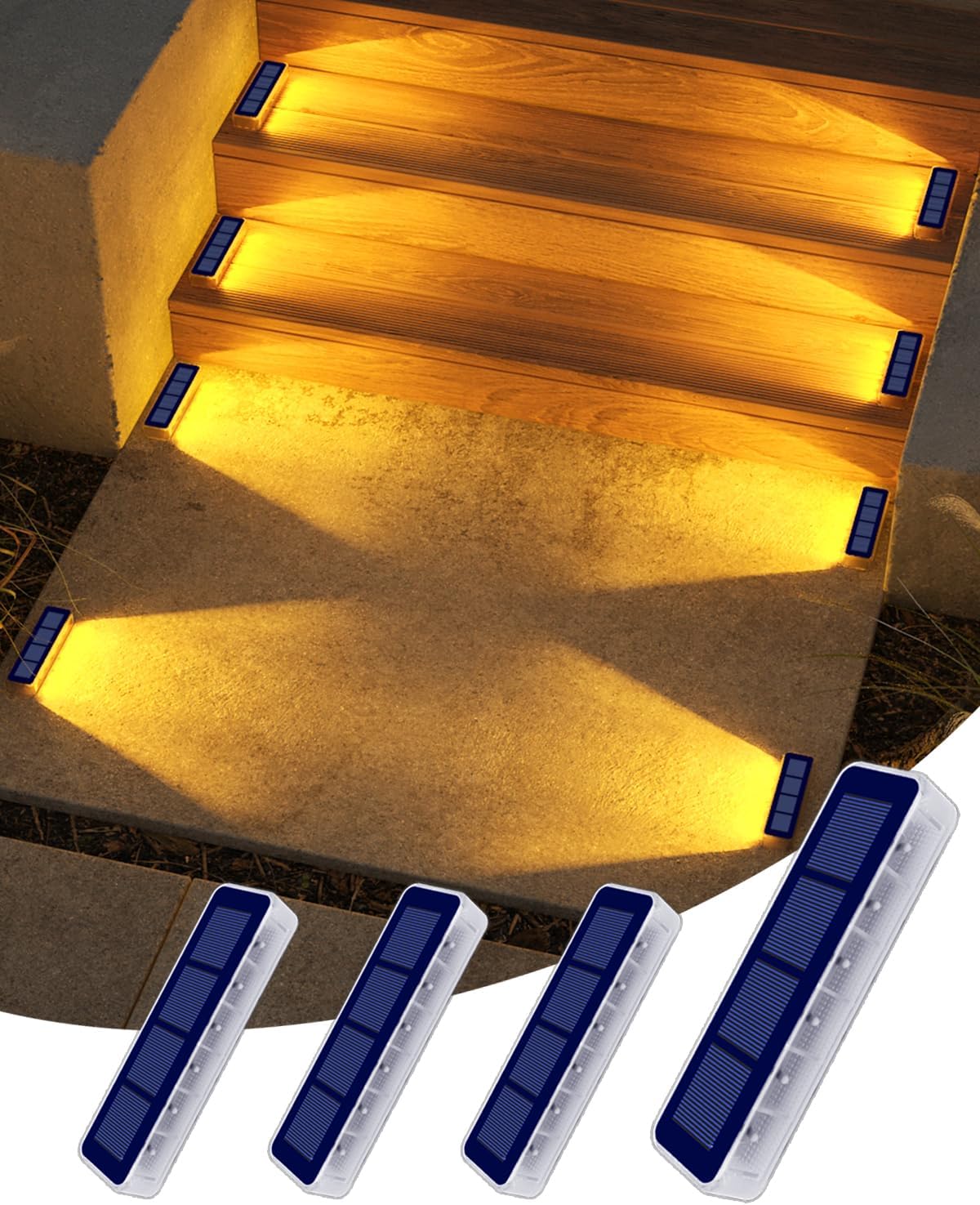 LED step lights illuminating outdoor steps with four additional lights displayed below.