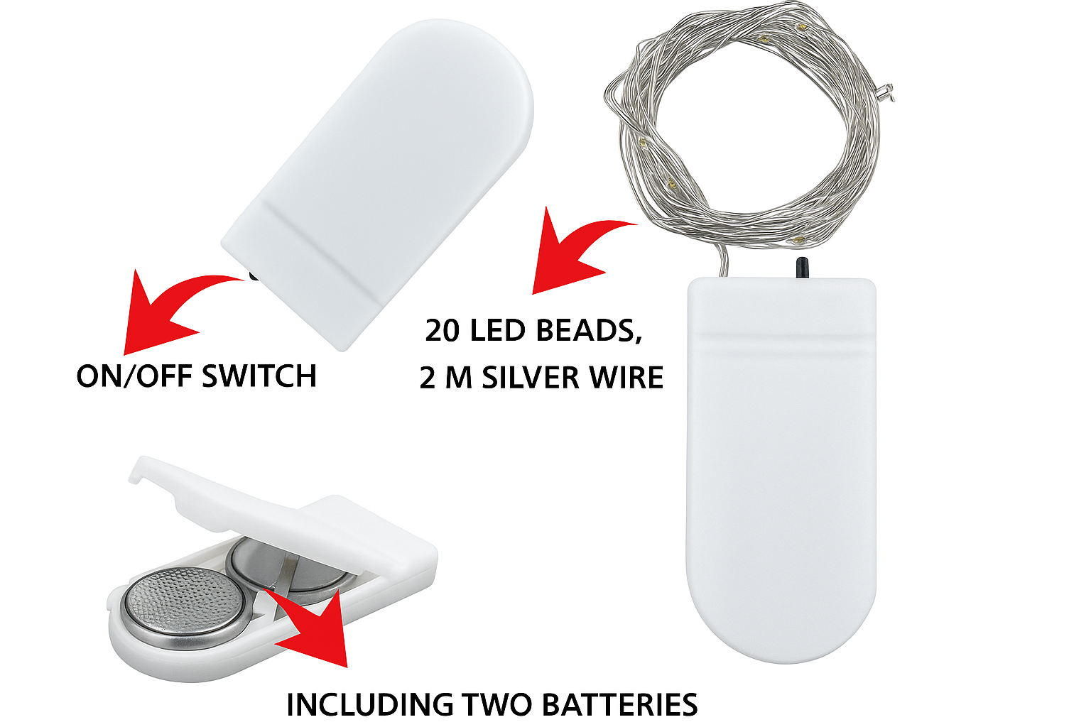 LED string light set with on/off switch, batteries, and wire on a white background