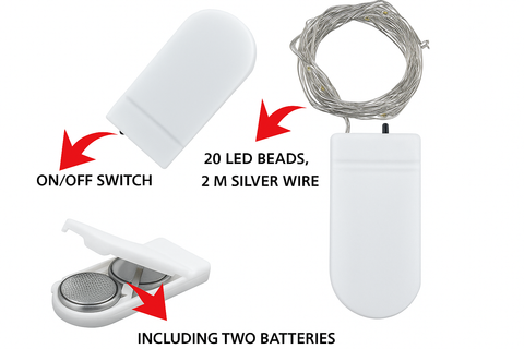 LED string light set with on/off switch, batteries, and wire on a white background