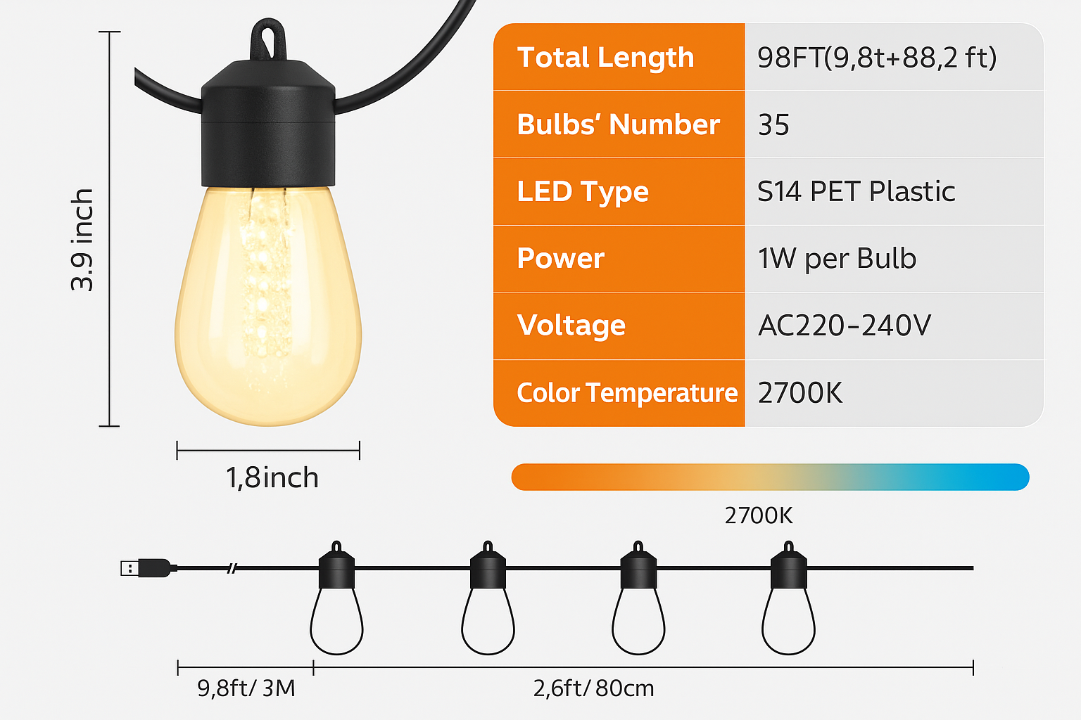 LED string light with specifications on a white background