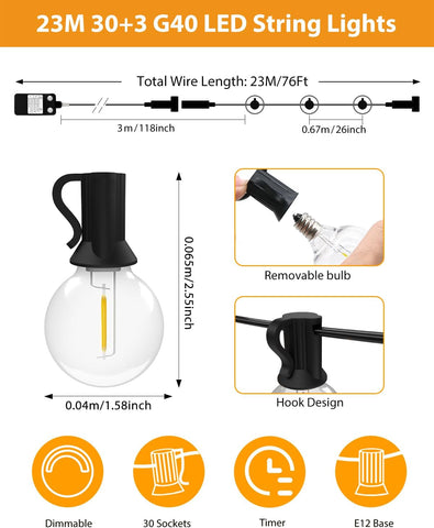 LED string lights with specifications and features on a white background
