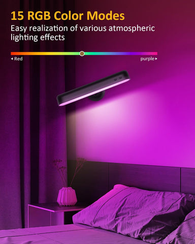 LED strip light changing color in a bedroom setting with text about RGB color modes.
