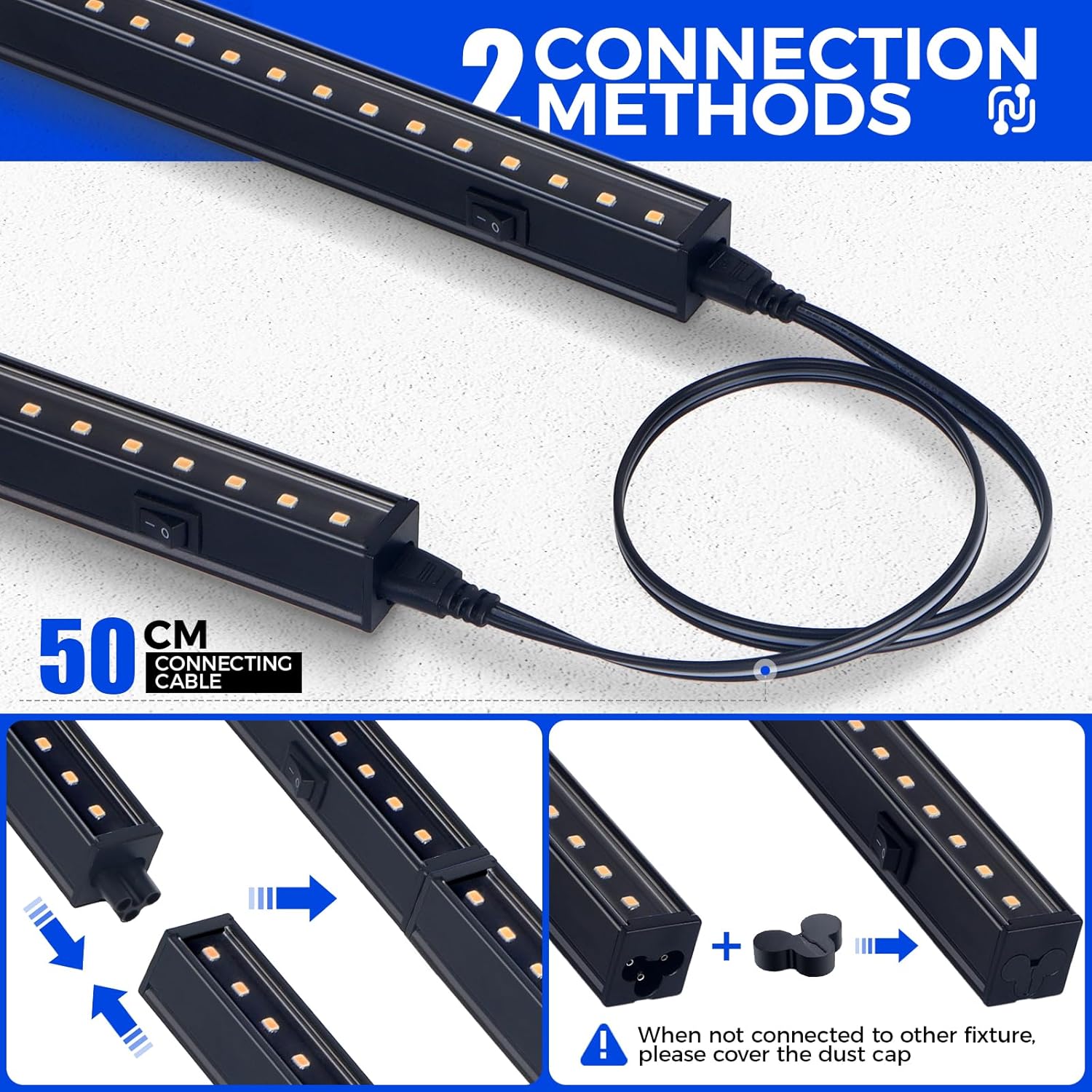 LED strip light with 50cm connecting cable and two connection methods on a white background.