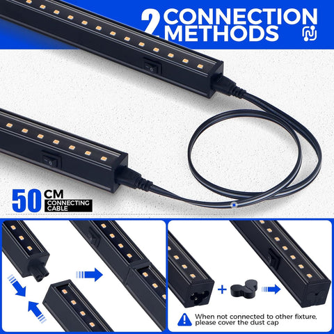LED strip light with 50cm connecting cable and two connection methods on a white background.