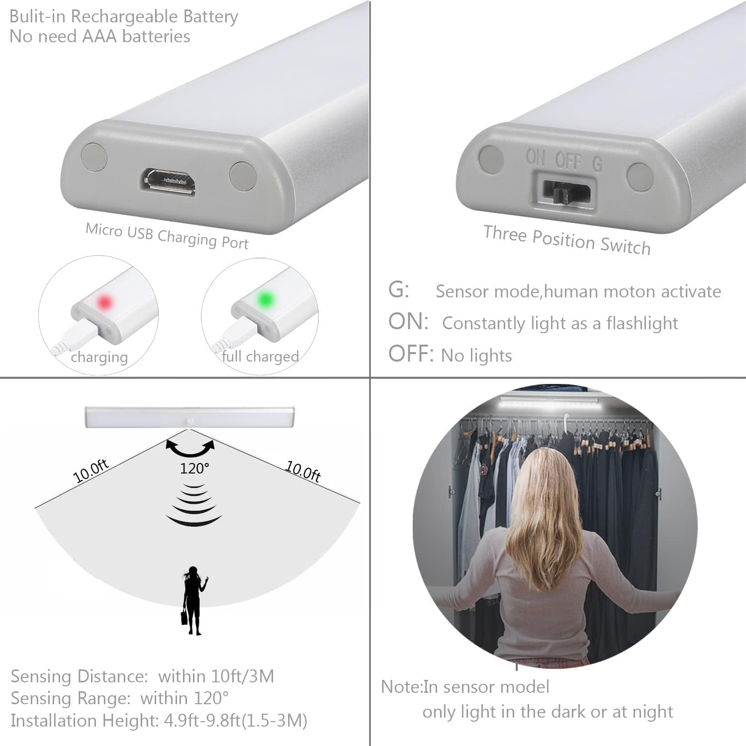 LED strip light with charging port, switch, and sensor mode illustration on a white background.