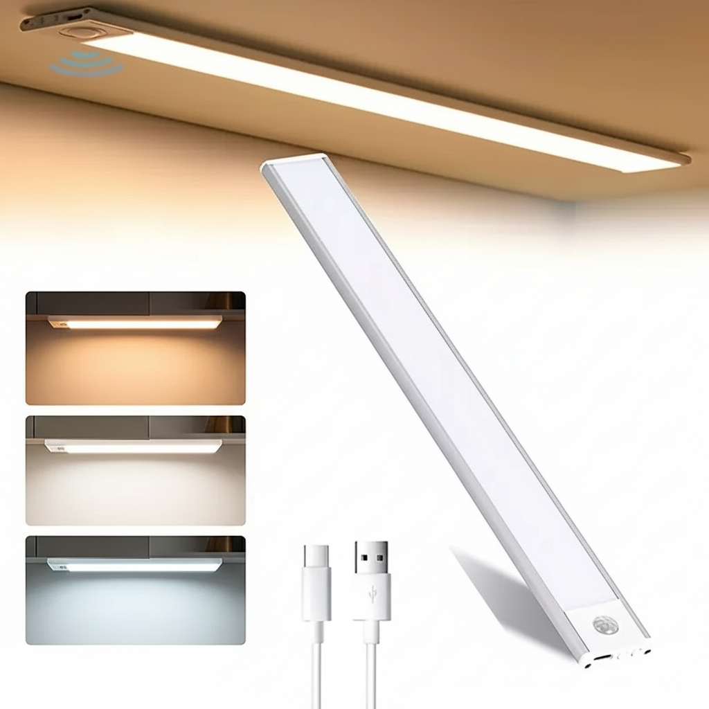 LED strip light with color temperature options and USB cable on a white background