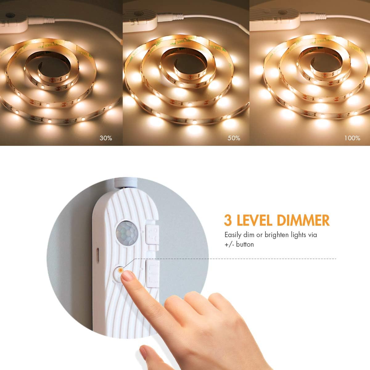LED strip light with dimmer control showing different brightness levels.