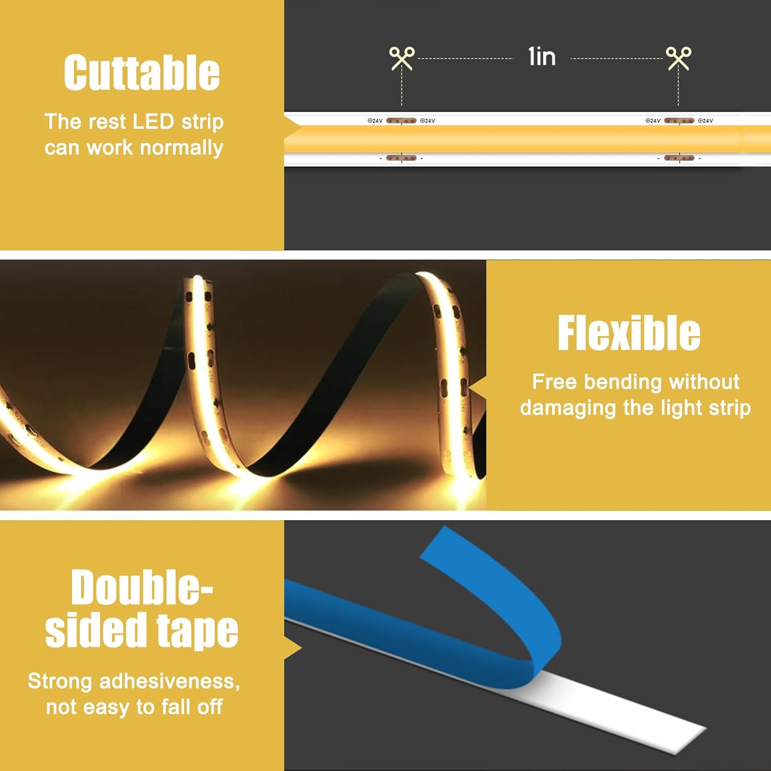 LED strip light with features highlighted on a yellow and black background