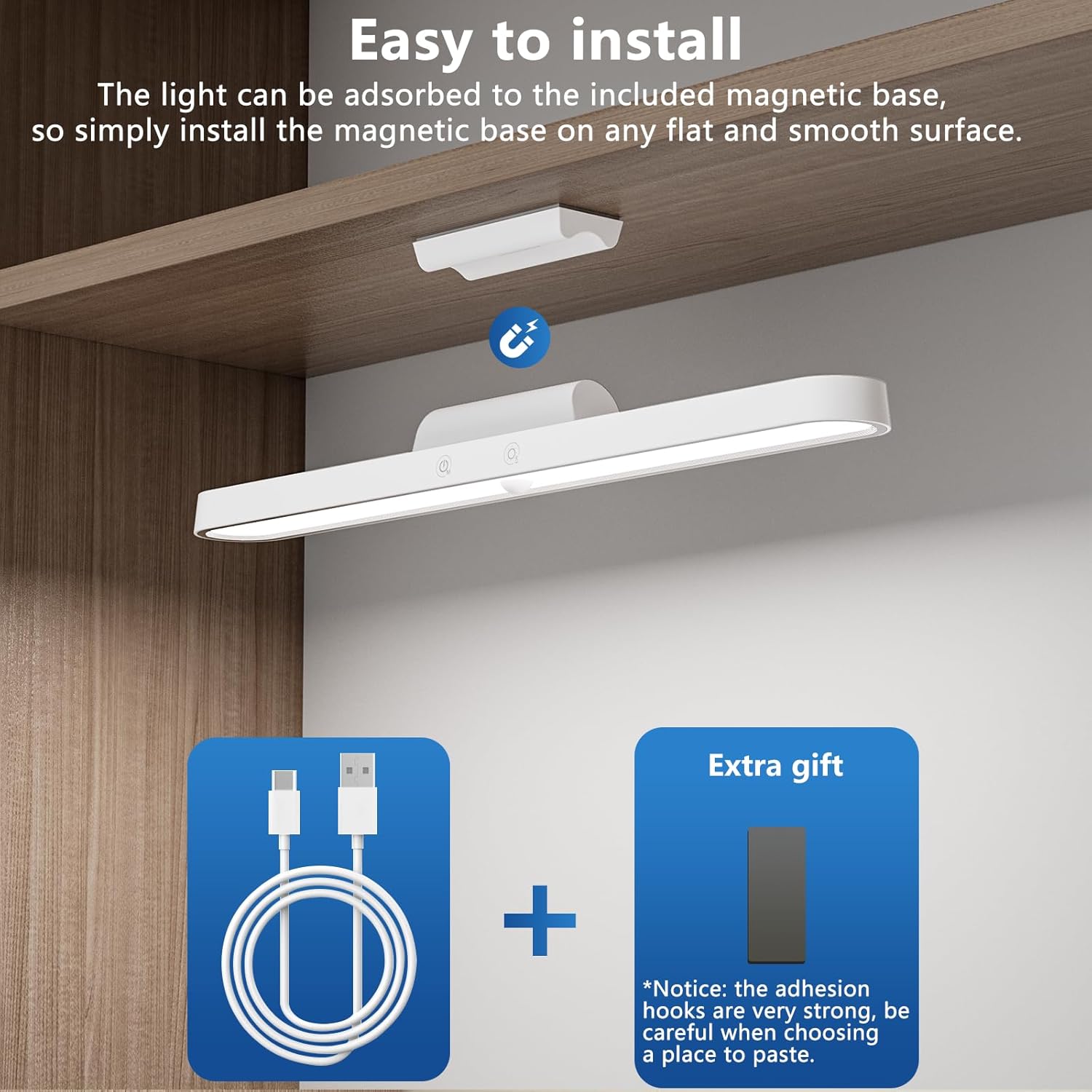 LED strip light with magnetic base installation on a wall, including a USB cable and extra gift pack.