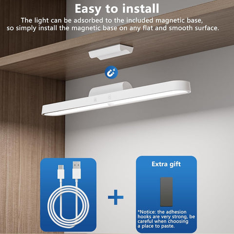 LED strip light with magnetic base installation on a wall, including a USB cable and extra gift pack.