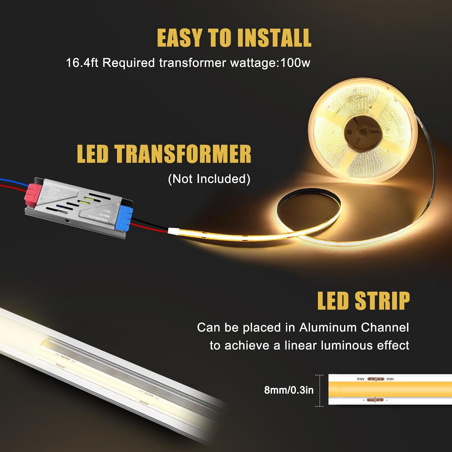 LED strip lighting kit with transformer on a black background