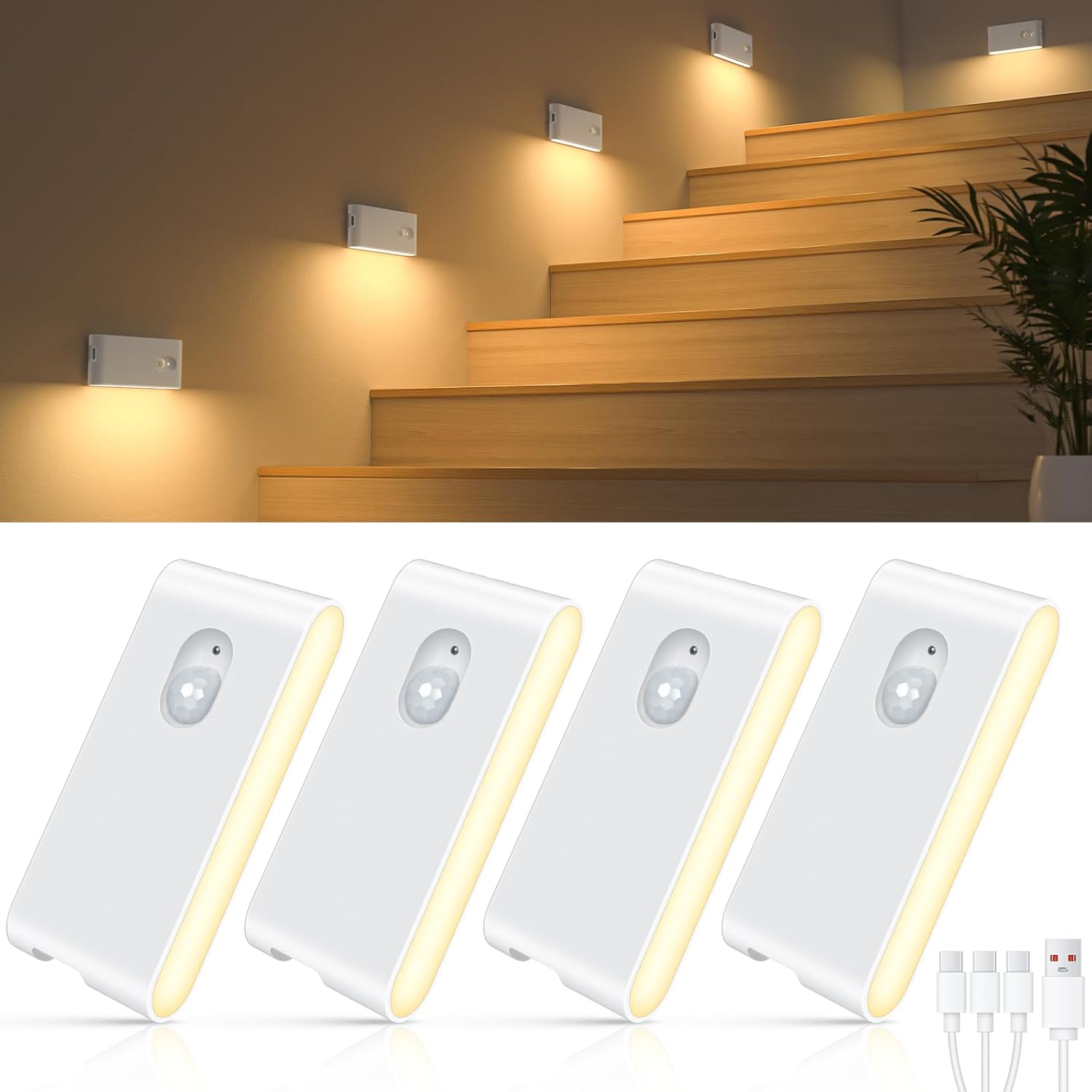 LED strip lights on a staircase with power adapter and USB cable displayed below.