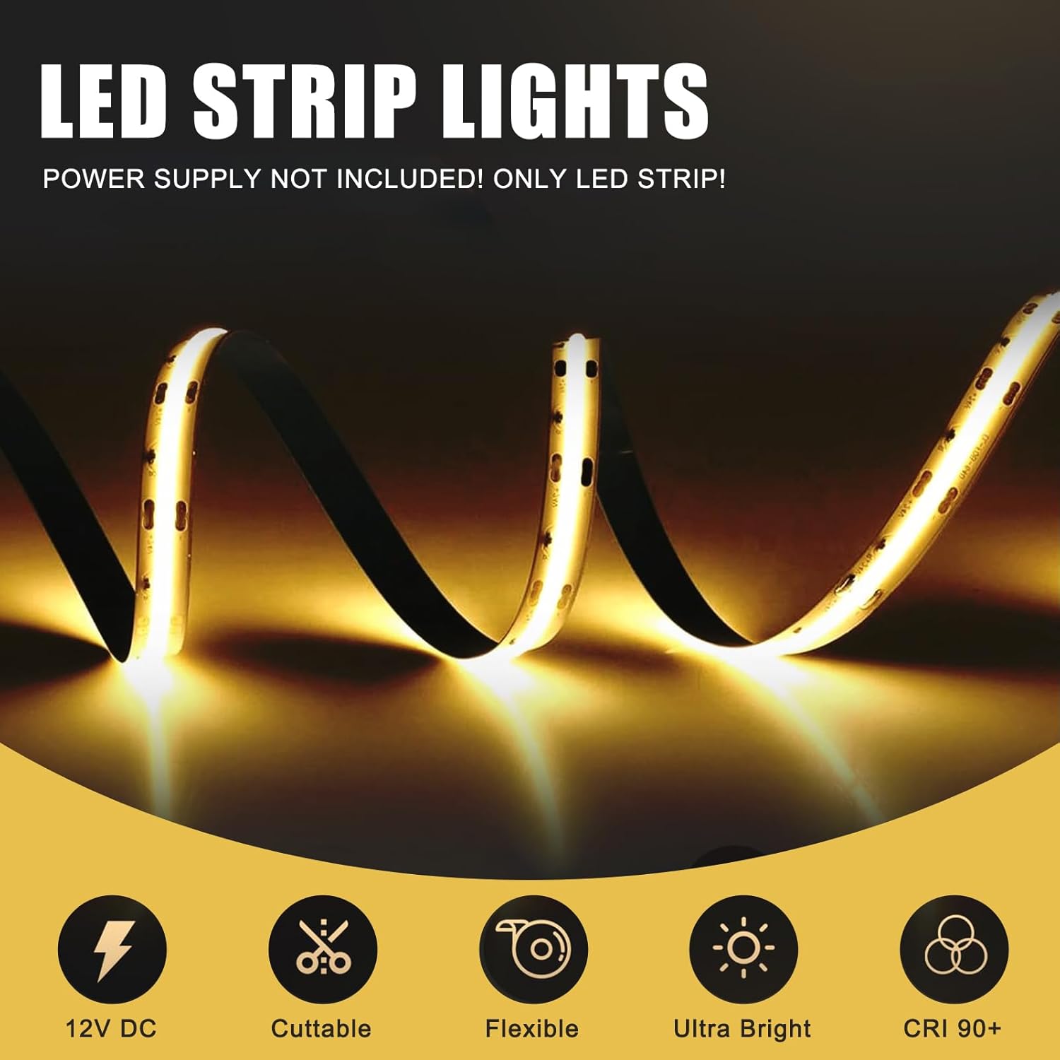 LED strip lights with power supply not included on a dark background